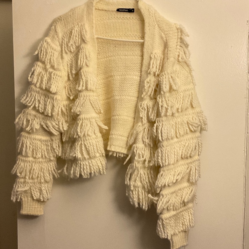 Boohoo Cream Fringe Cardigan